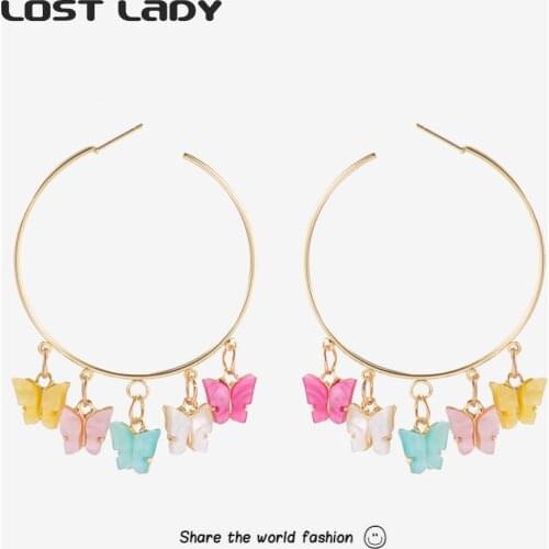 Lost Lady Trendy Colorful Butterfly Pendants Drop Earrings Gold Color Metal Round Earrings for Women Party Jewelry Wholesale