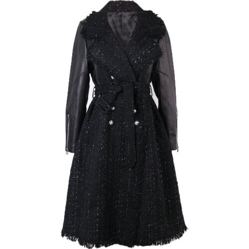 YOLOAgain Spring Autumn New Ladies Women Long Real Leather Trench Coat Double Breasted Woolen