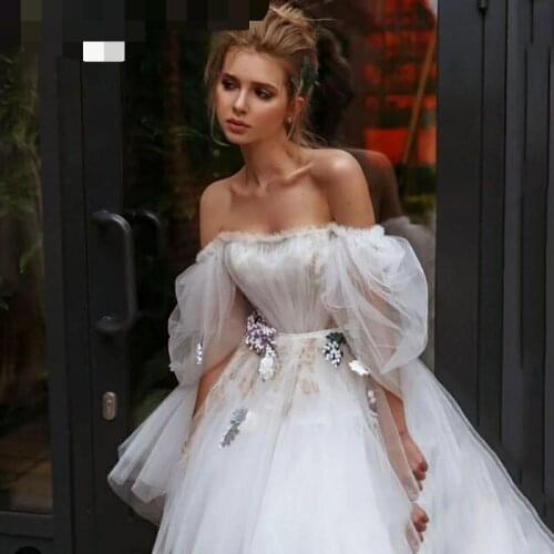 GY sexy A -Line Fairy Short Wedding Dresses Off The Shoulder Puff Sleeve Bride Dresses Flowers Wedding Gown Custom Made