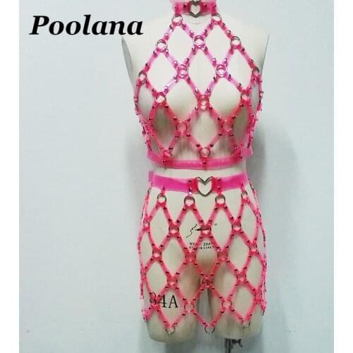 100% Handmade Punk Gothic Bondage Sets Pink Vinyl PVC Heart Top Bottom Skirts Caged Neon Belts Stage Club Performance Bra