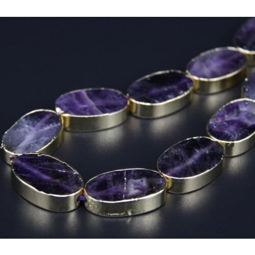 11pcs Natural Ame thyst oval center drilled beads,gold Edged Purple Crystal Flat Slab Pendants bracelets Crafts Jewelry making