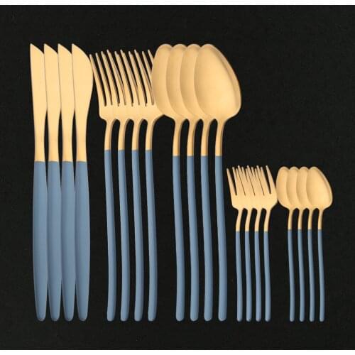 20Pcs Dinnerware Set Blue Gold Matte Fork Spoon Knife Cutlery 18/10 Stainless Steel Western Flatware For Kitchen Tableware Set