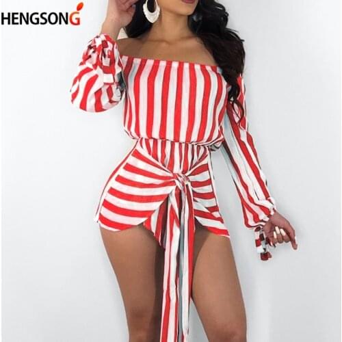 2020 Summer Playsuit womens Sexy Off Shoulder Strapless Rompers Night Club Wear Black Red Striped Bandage Jumpsuits Overalls