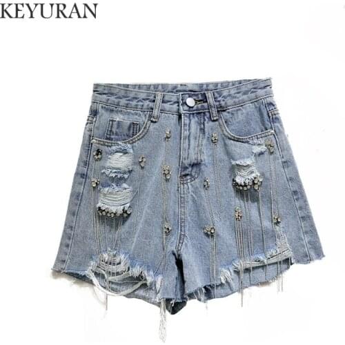2020 summer women new high waist Rhinestone bead hole denim shorts woman Hot drilling chain tassel beaded wide leg jeans shorts