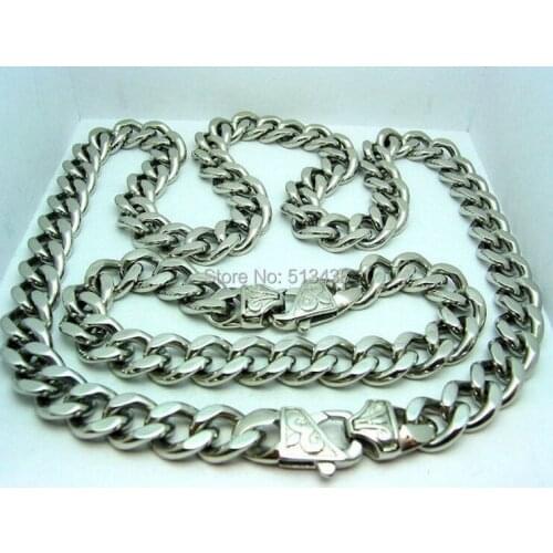 280G 15MM MENS CURB CUBAN HEAVY CHAIN NECKLACE & BRACELET SET STAINLESS STEEL
