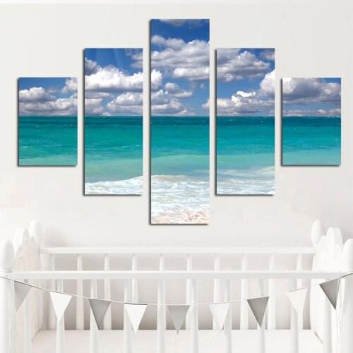 5Panel Clouds Beach Modern Minimalist Natural Scenery Modular Canvas Painting Posters and Prints Wall Picture for Living Room