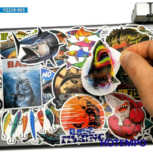65pcs Fisherman Go Fishing Outdoors Fashion Fish Stickers for Mobile Phone Laptop Luggage Skateboard Box Tank Bucket Art Sticker