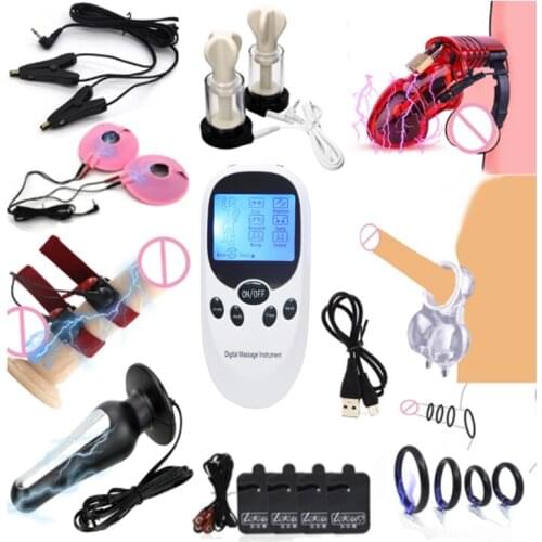 BDSM Electric Shock Anal Butt Plug prostate massager Nipples, clitoris,penis stimulation Chastity Belt Cock Cage Penis Ring Toy
