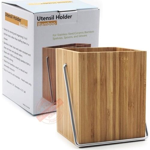 Bamboo Square Kitchen Utensil Holder Shelf Rack Strain Storage Containers Chopsticks Spoon Fork Straw Cooking Tools Organizer