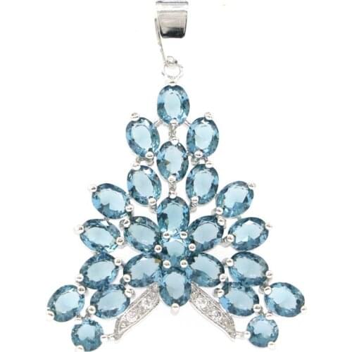 62x25mm Awesome Long Big Created Paris Blue Topaz White Bright Cubic Zircon For Women Dating Silver Pendant
