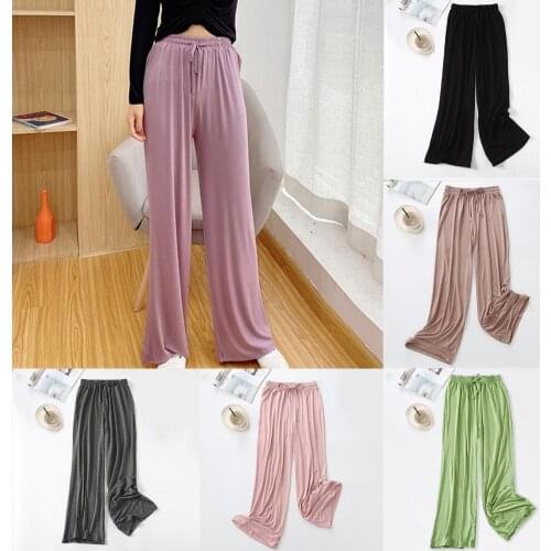 Summer Women Full Length Pants Solid Color Wide Leg Mid Rise Drawstring Loose Trousers Slacks Casual Straight Pants for Work