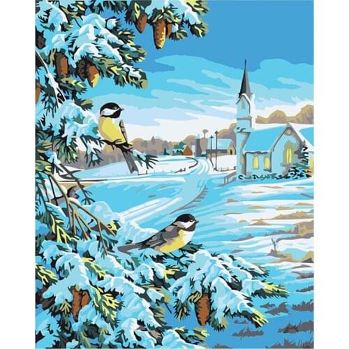 DIY Digital Painting By Numbers Package Two birds in the snow oil painting mural Kits Coloring Wall Art Picture Gift frameless