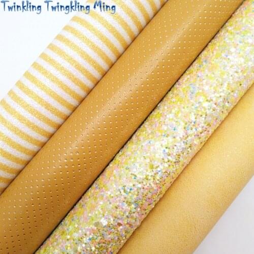 YELLOW Glitter Fabric, Dots Synthetic Leather, Stripes Faux Fabric Sheets For Bow A4 21x29CM Twinkling Ming XM022A