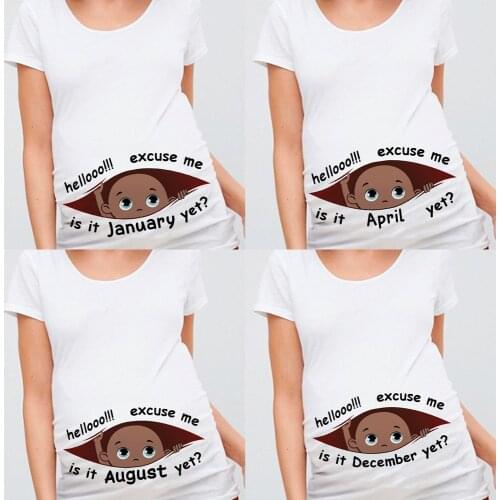 Excuse Me Is It January Yet 12 Monthes Summer Maternity Pregnancy T Shirt Women Tee Black Baby Print Pregnant Clothes