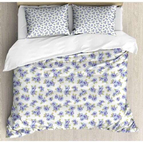 Floral Duvet Cover Set Delicate Flowers and Leaves Botanical Art 3 Piece Bedding Set Blue Violet Pale Azure Blue Pale Green