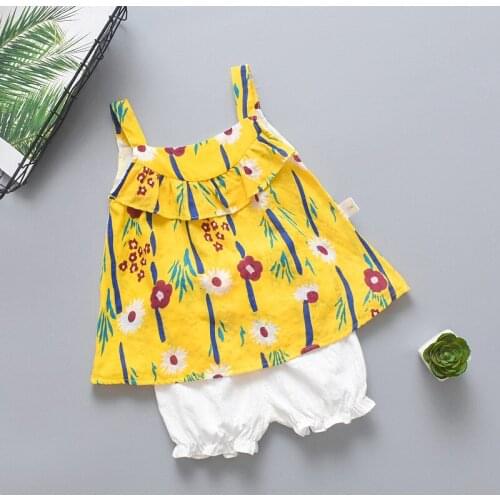 Girls Suit Summer Sleeveless Coat + Shorts Baby Girls Printed Floral Sling Clothes 2pcs Thin Cotton Suspender Skirt Outfits