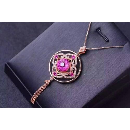 Natural pink topaz Pendant natural gemstone pendant necklace S925 silver Retro round lucky Tassels girl party gift fine jewelery