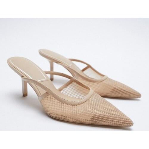 Fashion Mesh Nude Color Stiletto High Heel Womens Shoes New Shallow Mouth Stiletto Elegant Comfortable Sandals Slippers Women
