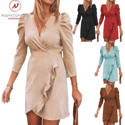 Fashion Women Solid Color A-Line Dress Irregular Design Ruffles Decor V-Neck 3/4 Sleeve Mid Waist Spring Autumn Slim Dress