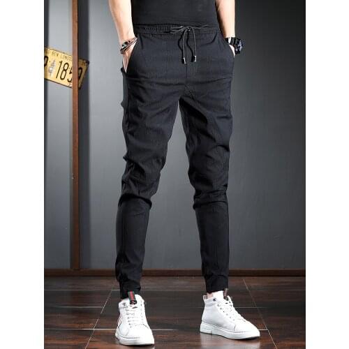 Fashion Black Casual Pants Men Elastic Waist Drawstring Slim Trousers