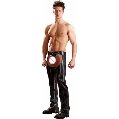 Novelty Mens PU Leather Long Pants Adjustable Belt Buckle Zipper Side Trousers Erotic Open Back Hollow Pants Night Clubwear