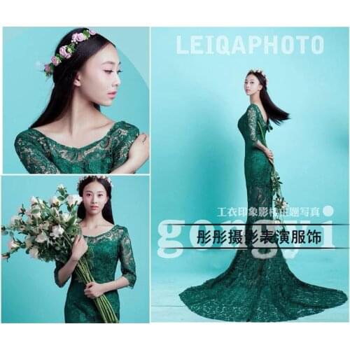 New Maternity Photography Props pregnant women Long trailling Dress elegant Green Princess mermaid Baby Shower Photo shoot