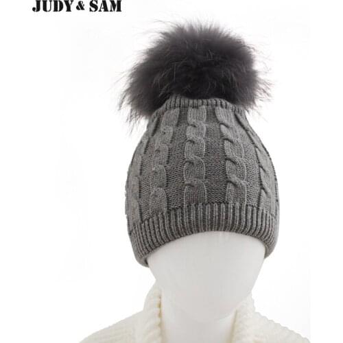 Brand New Warm Winter Pure Cotton Kids Cable Hat Cap with Colorful Raccoon Fur Pom Poms Gift for Girls and Boys Styish Beanie