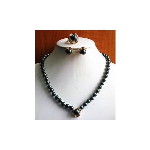 Charming Noble WomenS Black Pearl Necklace Earring Ring(6/7/8/9)Jewelry Set