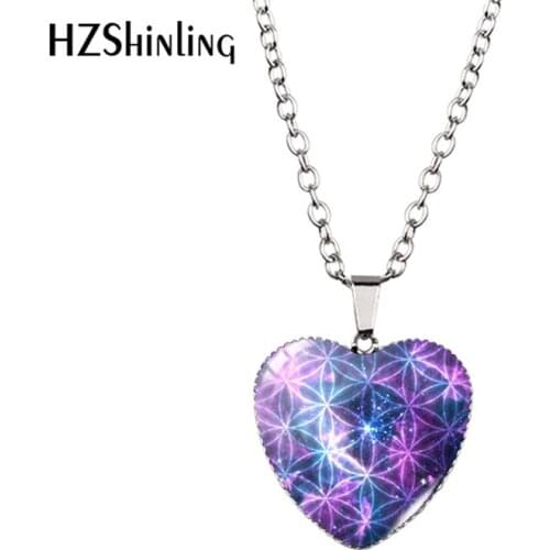 New Purple Mandala Heart Necklace Flower of Life Heart Pendant Sacred Geometry Mandala Heart Shaped Necklace HZ3