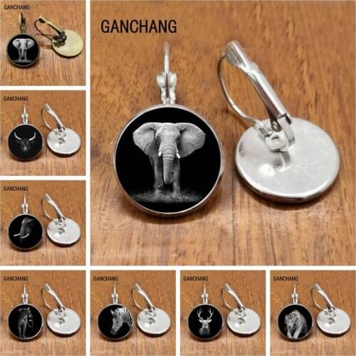 Simple horse tiger elephant deer black and white glass cabochon animal earrings jewelry gift