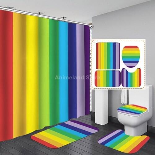 Rainbow Color Shower Curtain With Non Slip Rug Mat Bathroom Curtains Waterproof Polyester Bathroom Curtain with Hooks Modern