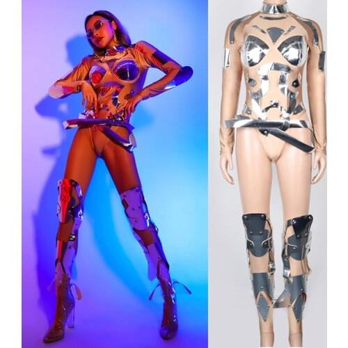 Sexy Bodysuit Nightclub Bar Women Gogo Dance Costume Female Silver Jumpsuit Rave Wear Stage DJ Costumes Festival Outfit SL3870