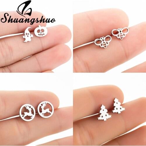 Shuangshuo Cute Pumpkin Halloween Ghost Stud Earrings For Women Jewelry Stainless Steel Earings Ear Studs oorbellen femme