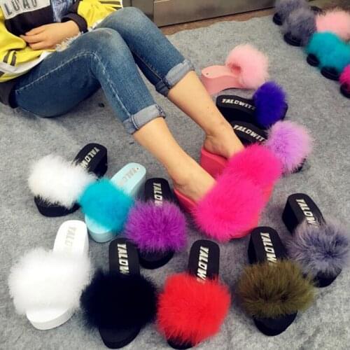 Fox hair Slippers Women Fur Home Fluffy Summer beach flip flops Plush Furry platform shoes Sweet Ladies Shoes Pantufas b78