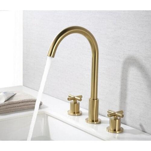 Solid Brass brushed gold Finished 3 Pcs Faucet Set 2 Handles Sink Basin Faucet, Basin Mixer BF678