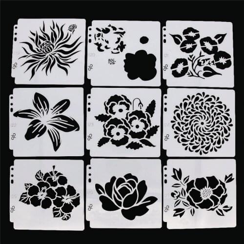 9pcs Flower Scrapbook Tencils Spray Plastic Mold Shield DIY Cake Hollow Embellishment Printing Lace Ruler Valentine