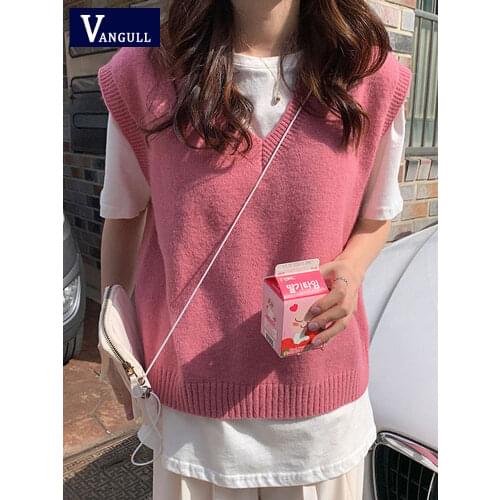 Vangull Fashion Solid Pink Women Vest Autumn New Knitted Student Pullovers V-Neck Sleeveless Tanks Slim All-match Sweater Vest