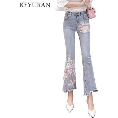 Vintage Beading Embroidery Burr Flare jeans New Arrival Women Denim Pants High Waist Boot Cut Jeans Retro Flares Wide Leg jeans