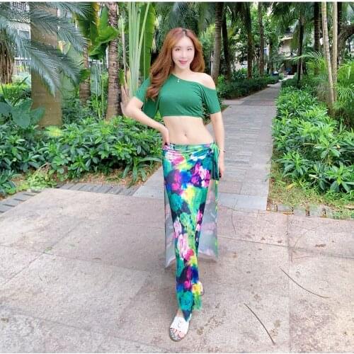 Adult beginners belly dance practice clothes oriental dance up down set sexy long dress suit green mesh suit