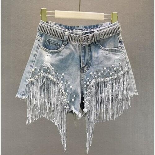 Female Denim Shorts 2021 Summer New High Waist Slimming Heavy Beaded Sequin Fringed Ripped Wide Leg Pants Jeans Shorts