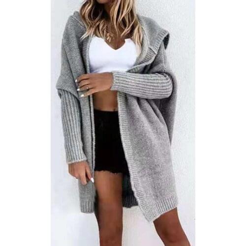 New Long Knitted Cardigan Women Tops Batwing Sleeve Autumn Winter Oversized Jumper Hooded Open Front Sweater Outerwear Clothes
