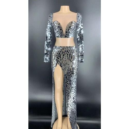 7 Colors Silver Mirror Transparent Chest T-shirt Long Skirt Birthday Celebrate Dress Bar Prom Women Dance Outfit Set