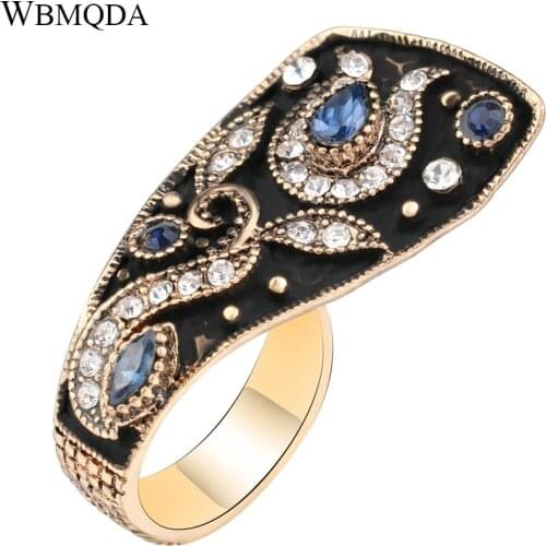Vintgae Black Enamel Crystal Flower Ring Bohemian Big Rings For Women Ethnic Antique Gold Jewelry Free Shipping