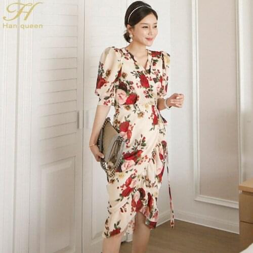 H Han Queen V-Neck Elegant Ruffles Print Pencil Dress Women Summer Lace-Up Office Dresses Simple Party Sheath Bodycon Vestidos