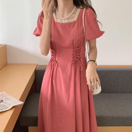 Korean Chic WomenS Dress Summer 2021 Elegant French Square Collar Stitching High Waist Design Puff Sleeve Casual Midi Dresses