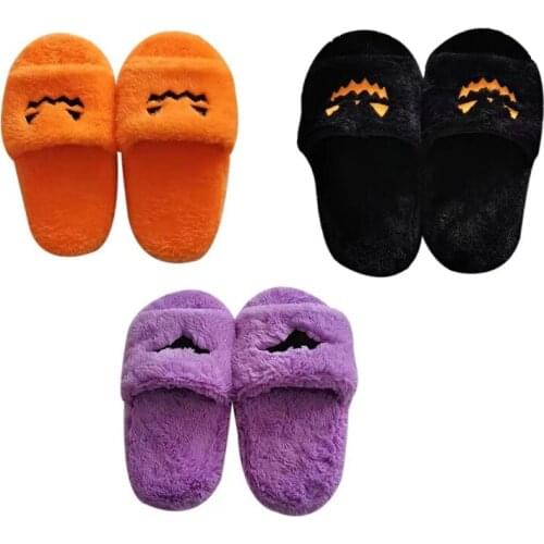 Y166 1 Pair Halloween Pumpkin Plush Slippers Indoor or Outdoor Plush Slippers Open-toed Outer Wear Plush Slippers Gift