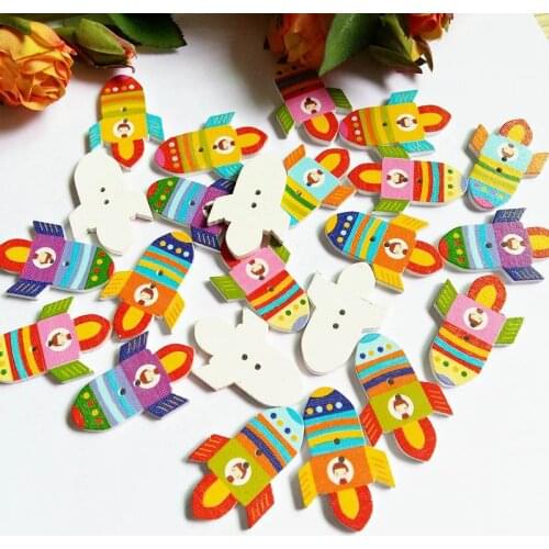 50pcs Random Mixed Decorative Buttons Multicolor rocket Shaped Grid 2 Holes Wooden Buttons Fit Sewing DIY Scrapbook