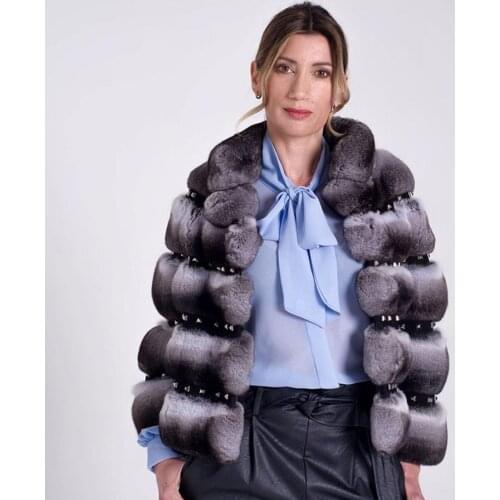 Trendy Fur Coat Women Real Rex Rabbit Fur Jacket Cropped Overcoat With Fashionable Rivet Design