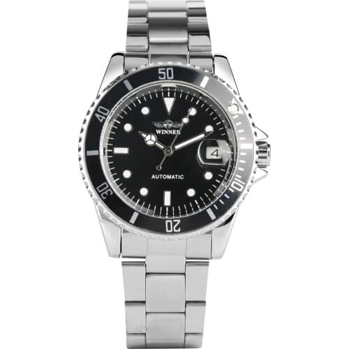 Mens Mechanical Watch Automatic Self-Winding Wristwatch Calendar Function Arabic Dial Stainless Steel Strap