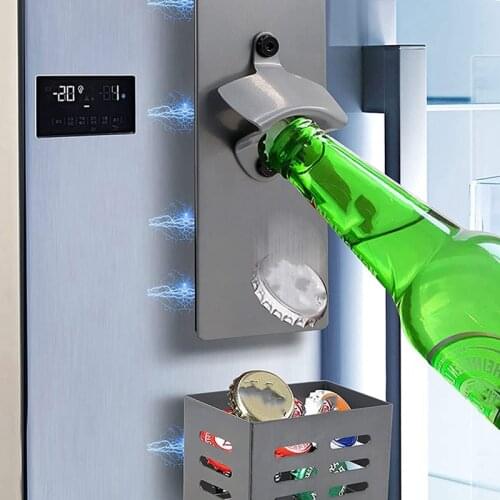 Wall-Mounted Magnetic Beer Bottle Opener with Cap Collector Catcher,for Kitchen Use,Gray
